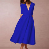 Women's Elegant A-Line Dress | Midi, Deep V-Neck