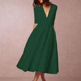 Women's Elegant A-Line Dress | Midi, Deep V-Neck