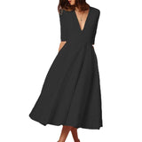 Women's Elegant A-Line Dress | Midi, Deep V-Neck