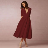 Women's Elegant A-Line Dress | Midi, Deep V-Neck