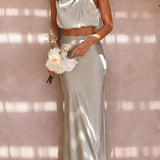 Women’s Satin Co Ord Set | Halter Neck, Maxi Skirt