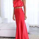 Women’s Satin Co Ord Set | Halter Neck, Maxi Skirt