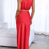 Women’s Satin Co Ord Set | Halter Neck, Maxi Skirt