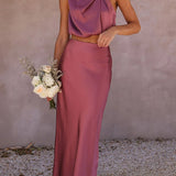 Women’s Satin Co Ord Set | Halter Neck, Maxi Skirt
