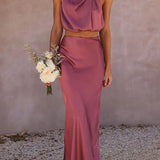 Women’s Satin Co Ord Set | Halter Neck, Maxi Skirt