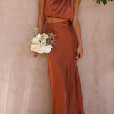 Women’s Satin Co Ord Set | Halter Neck, Maxi Skirt