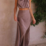 Women’s Satin Co Ord Set | Halter Neck, Maxi Skirt