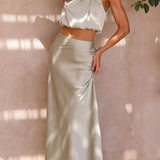 Women’s Satin Co Ord Set | Halter Neck, Maxi Skirt