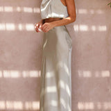 Women’s Satin Co Ord Set | Halter Neck, Maxi Skirt