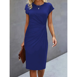 Women's Elegant Midi Dress | Ruched Waist, Short Sleeve