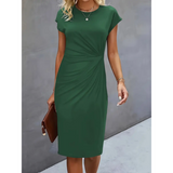 Women's Elegant Midi Dress | Ruched Waist, Short Sleeve