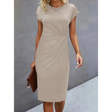 Women's Elegant Midi Dress | Ruched Waist, Short Sleeve