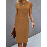 Women's Elegant Midi Dress | Ruched Waist, Short Sleeve