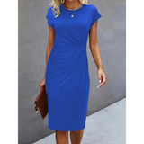 Women's Elegant Midi Dress | Ruched Waist, Short Sleeve