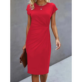 Women's Elegant Midi Dress | Ruched Waist, Short Sleeve