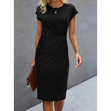 Women's Elegant Midi Dress | Ruched Waist, Short Sleeve