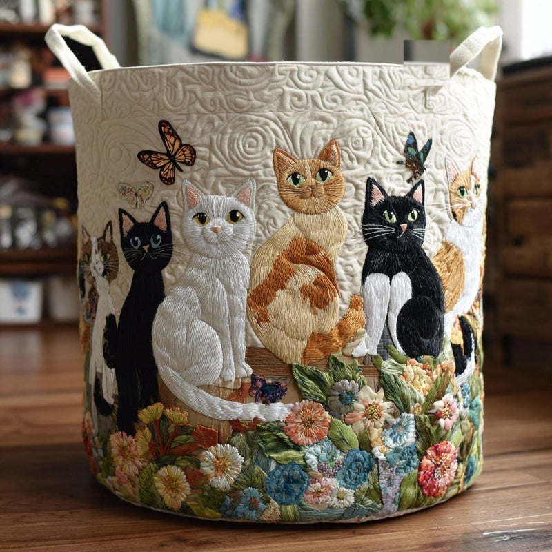 Quilted storage basket with cats among garden flowers