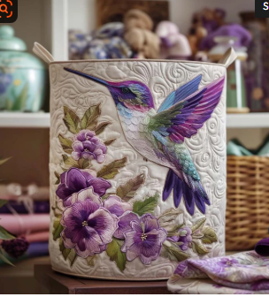 Quilted storage basket with a hummingbird and purple flowers design