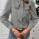Glenda - Stylish checkered button-up ribbon front long sleeve blouse