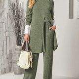 Olianna - Casual Set with Long Soft Knit Sweater and Trousers