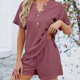 Blair - Stylish button waffle v-neck blouse and short set