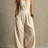 Bianca | Elegant Crossed Neckline Jumpsuit in Linen and Cotton