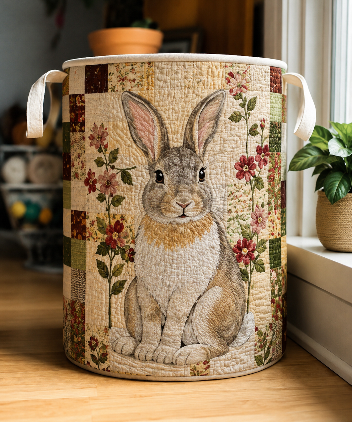 Quilted storage basket with a rabbit and floral countryside design