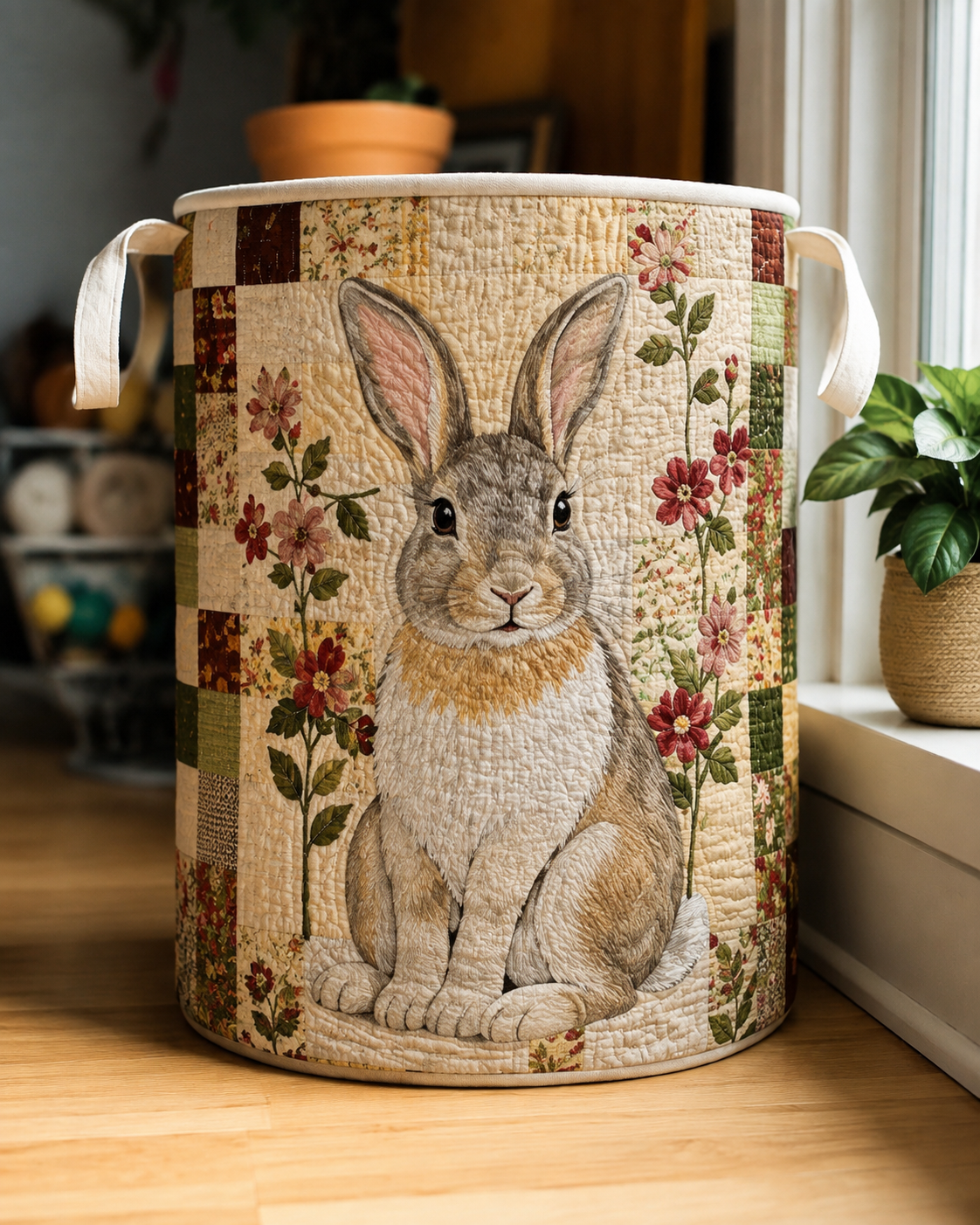 Quilted storage basket with a rabbit and floral countryside design