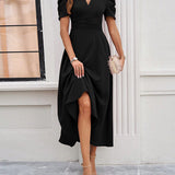 Cecilia - Elegant puff sleeves flared hem V-neck midi dress