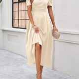 Cecilia - Elegant puff sleeves flared hem V-neck midi dress