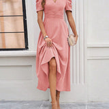 Cecilia - Elegant puff sleeves flared hem V-neck midi dress