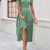 Cecilia - Elegant puff sleeves flared hem V-neck midi dress