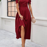 Cecilia - Elegant puff sleeves flared hem V-neck midi dress