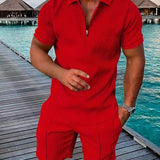 Men’s Textured Summer Set | Zip Polo, Shirt & Shorts